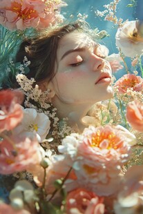 梦幻花丛中的闭眼美少女