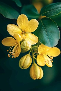黄色花朵绿叶特写