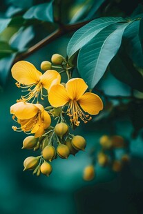 枝头绽放的明艳黄花朵