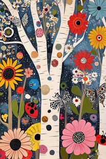 梦幻花卉白桦树插画世界