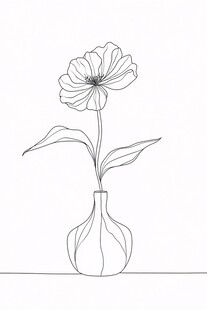 花瓶中绽放的单线条花朵