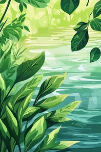 河畔绿植风景插画