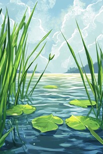 湖畔水草与荷叶的清新景致