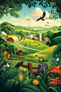 田园牧歌乡村风景插画