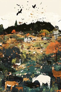 秋日乡村动物和谐图景