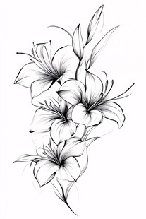 手绘百合花黑白线稿图案