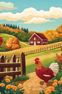 秋日农场中的公鸡漫步