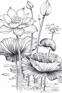 黑白手绘荷花图