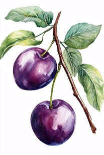 水彩画中的紫李子与绿叶