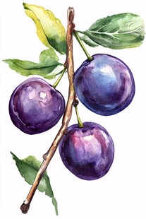 水彩画中的紫李子与枝叶