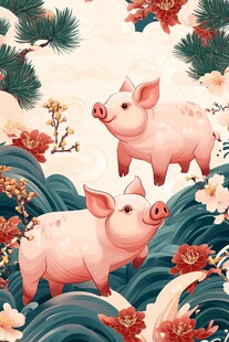 双猪贺春 花卉松枝伴祥瑞