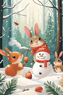 雪地萌兔欢乐堆雪人