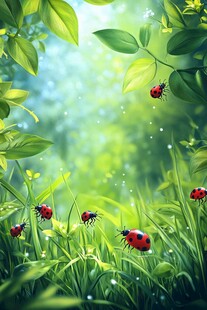 草地上的瓢虫与绿意盎然