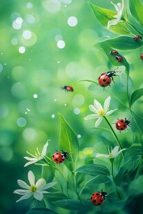 春日瓢虫在花草间嬉戏