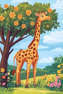 长颈鹿在繁花绿树间漫步