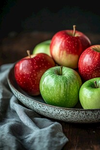 瓷盘上的红绿新鲜苹果