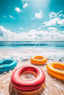 海边彩色泳圈的惬意时光