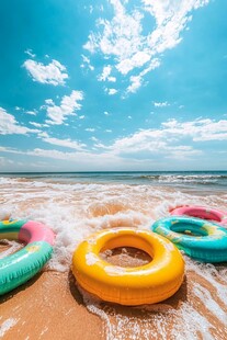 海滩上多彩泳圈与海浪美景