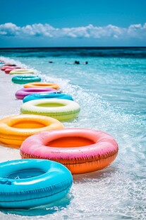 海滨多彩泳圈装点美丽沙滩