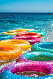 海滩上色彩缤纷的游泳圈