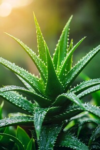 阳光下带露珠的翠绿芦荟