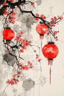 水墨红梅挂红灯笼图