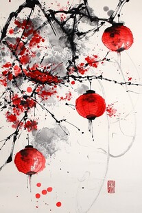 水墨红梅灯笼中式意境图