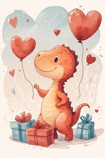 可爱恐龙与爱心气球礼物