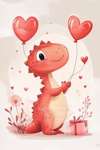 爱心恐龙持气球与礼物