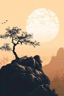 孤松傲立夕阳山景图