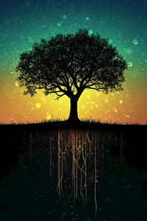 梦幻星空下的孤独大树