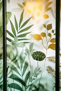 阳光透过的绿植玻璃图案