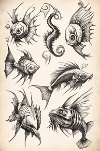 海洋生物手绘纹身图案设计