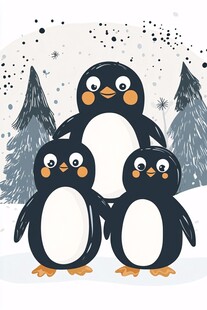 雪地中的可爱企鹅一家