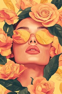 玫瑰环绕的时尚墨镜女郎