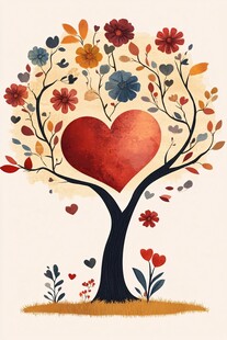 爱心繁花树插画艺术作品