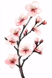 水墨风粉色桃花枝插画