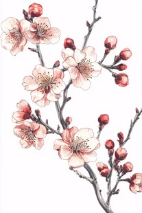 手绘粉色绽放的美丽花枝