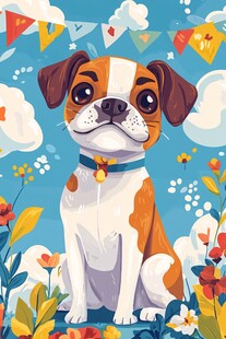 可爱小狗置身缤纷花草间