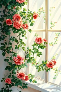 窗边绽放的浪漫粉色玫瑰