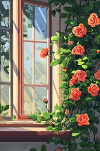 窗边盛放的娇艳蔷薇花