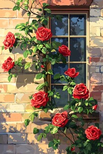 窗边绽放的娇艳红玫瑰