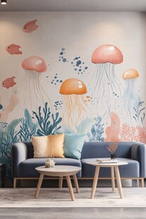 海洋风墙绘客厅温馨场景