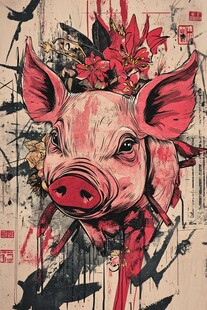 插画风格的粉色猪头花卉图