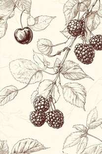 手绘黑莓与樱桃枝叶图