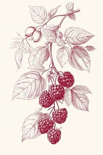 手绘悬垂树莓与枝叶图
