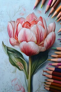 彩铅绘制的娇艳粉色花卉