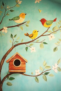 枝头小鸟与木屋温馨画面