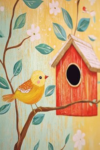 小鸟栖枝旁的温馨鸟屋