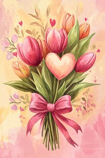 浪漫郁金香爱心花束插画